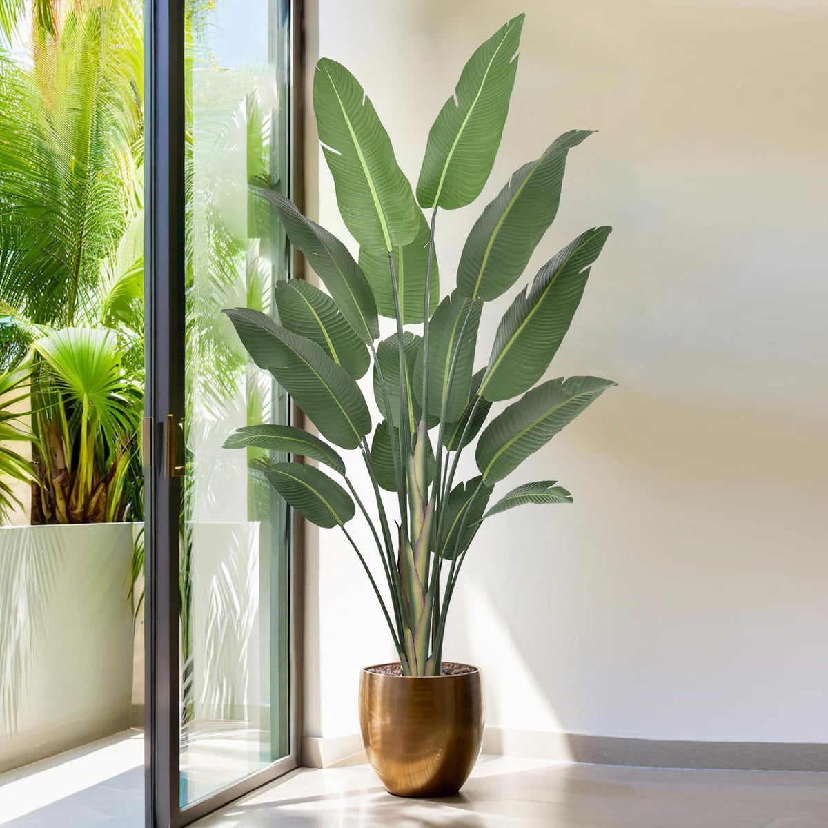 7FT Artificial Bird of Paradise Tree 82 Inch Tall Faux Silk Plants Banana Leaf with 19 Trunks in Black Pot for Home Decor Living Room Office Bedroom