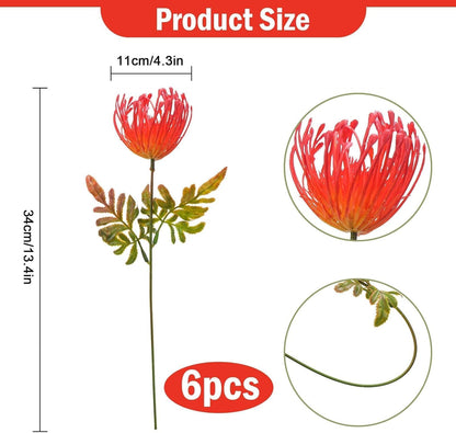 6 PCS Tropical Flowers Artificial Orange Flowers UV Resistant Fall Fake Mums Artificial Plastic Protea Spider Mum Flower Arrangement for Table Centerpieces Kitchen Office Indoor Outdoor Fall Decor