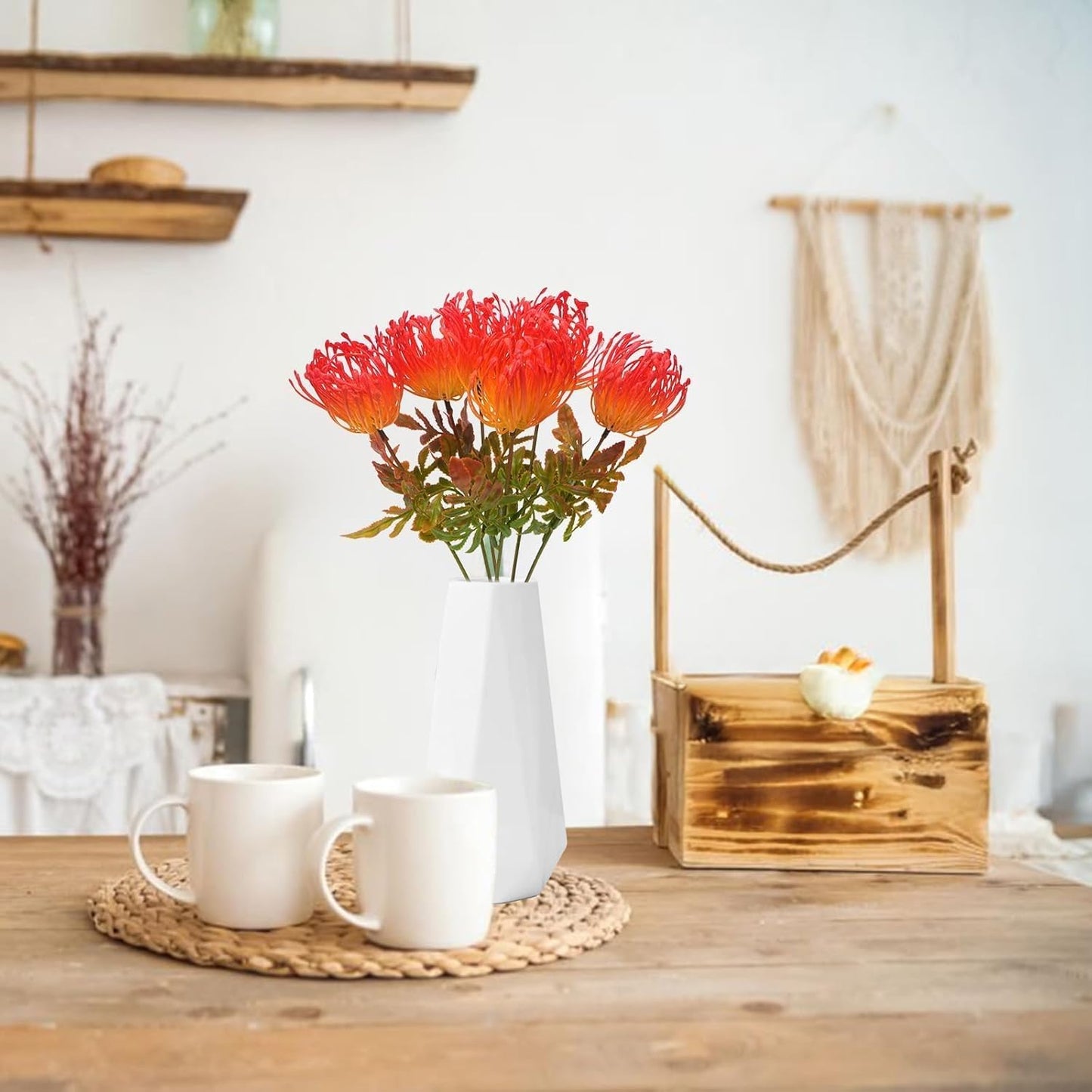 6 PCS Tropical Flowers Artificial Orange Flowers UV Resistant Fall Fake Mums Artificial Plastic Protea Spider Mum Flower Arrangement for Table Centerpieces Kitchen Office Indoor Outdoor Fall Decor