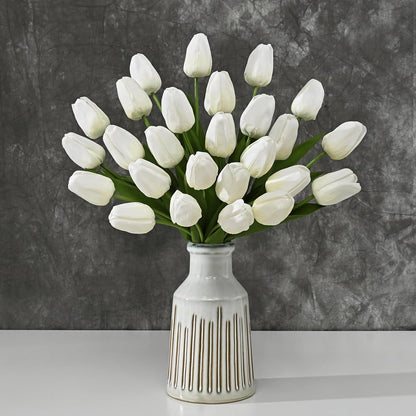 12-Pack White Tulips Artificial Flowers, Real Touch Latex Faux Tulips with Large Full Buds, Lifelike Vibrant Fake Tulips Bouquet for Spring Wedding Home Décor, Table & Party Centerpiece