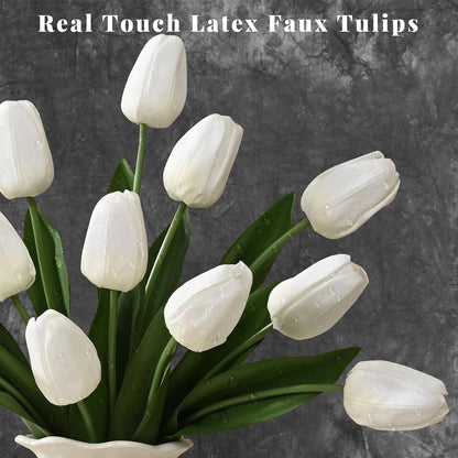 12-Pack White Tulips Artificial Flowers, Real Touch Latex Faux Tulips with Large Full Buds, Lifelike Vibrant Fake Tulips Bouquet for Spring Wedding Home Décor, Table & Party Centerpiece
