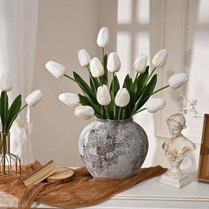 12-Pack White Tulips Artificial Flowers, Real Touch Latex Faux Tulips with Large Full Buds, Lifelike Vibrant Fake Tulips Bouquet for Spring Wedding Home Décor, Table & Party Centerpiece