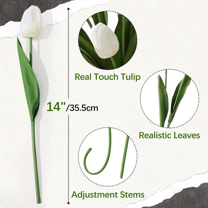 12-Pack White Tulips Artificial Flowers, Real Touch Latex Faux Tulips with Large Full Buds, Lifelike Vibrant Fake Tulips Bouquet for Spring Wedding Home Décor, Table & Party Centerpiece