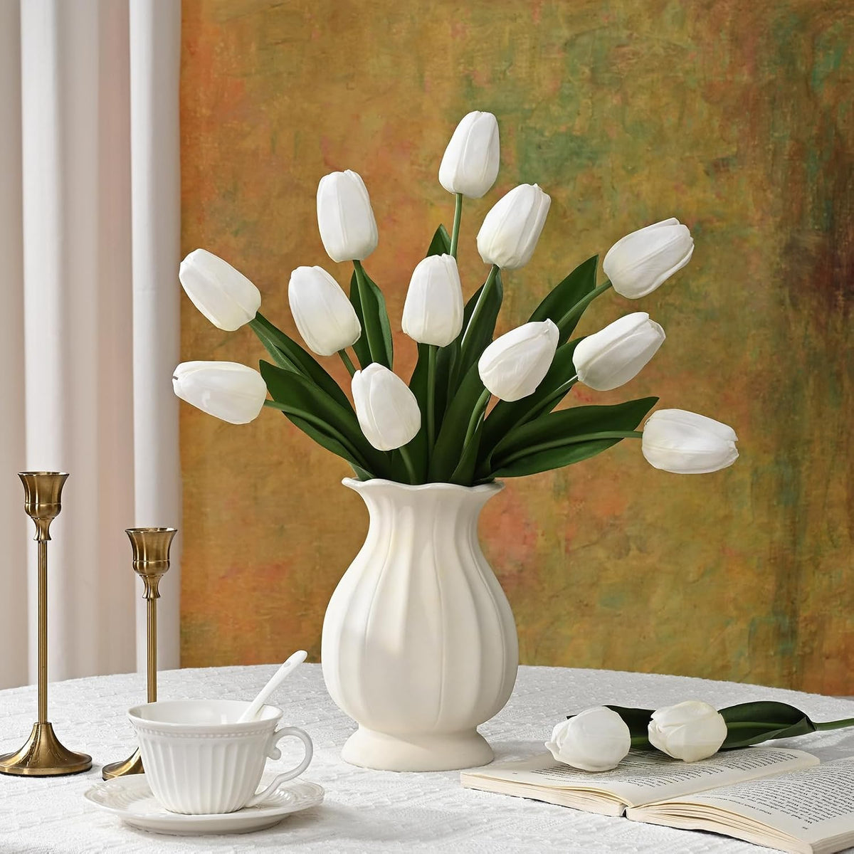 12-Pack White Tulips Artificial Flowers, Real Touch Latex Faux Tulips with Large Full Buds, Lifelike Vibrant Fake Tulips Bouquet for Spring Wedding Home Décor, Table & Party Centerpiece