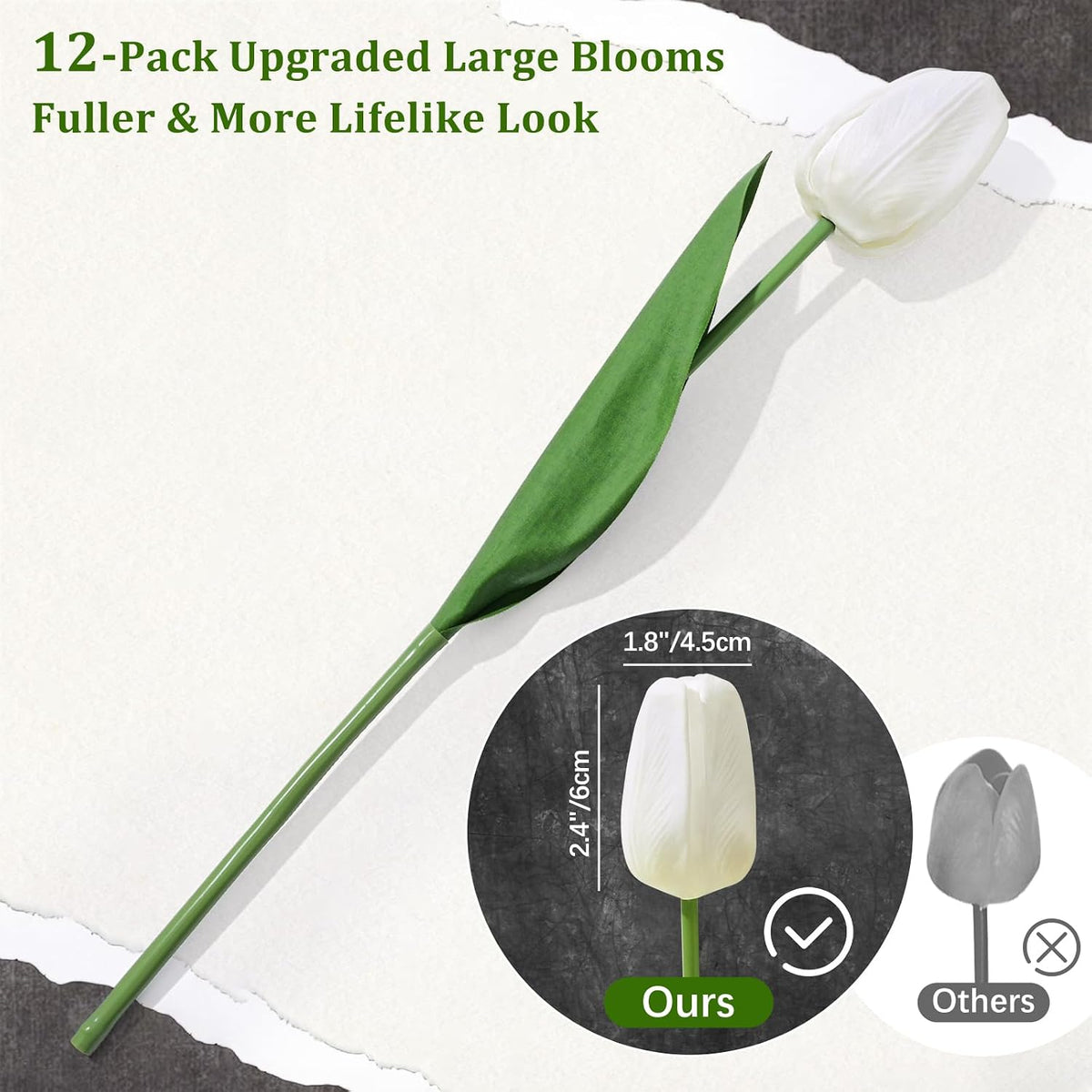 12-Pack White Tulips Artificial Flowers, Real Touch Latex Faux Tulips with Large Full Buds, Lifelike Vibrant Fake Tulips Bouquet for Spring Wedding Home Décor, Table & Party Centerpiece