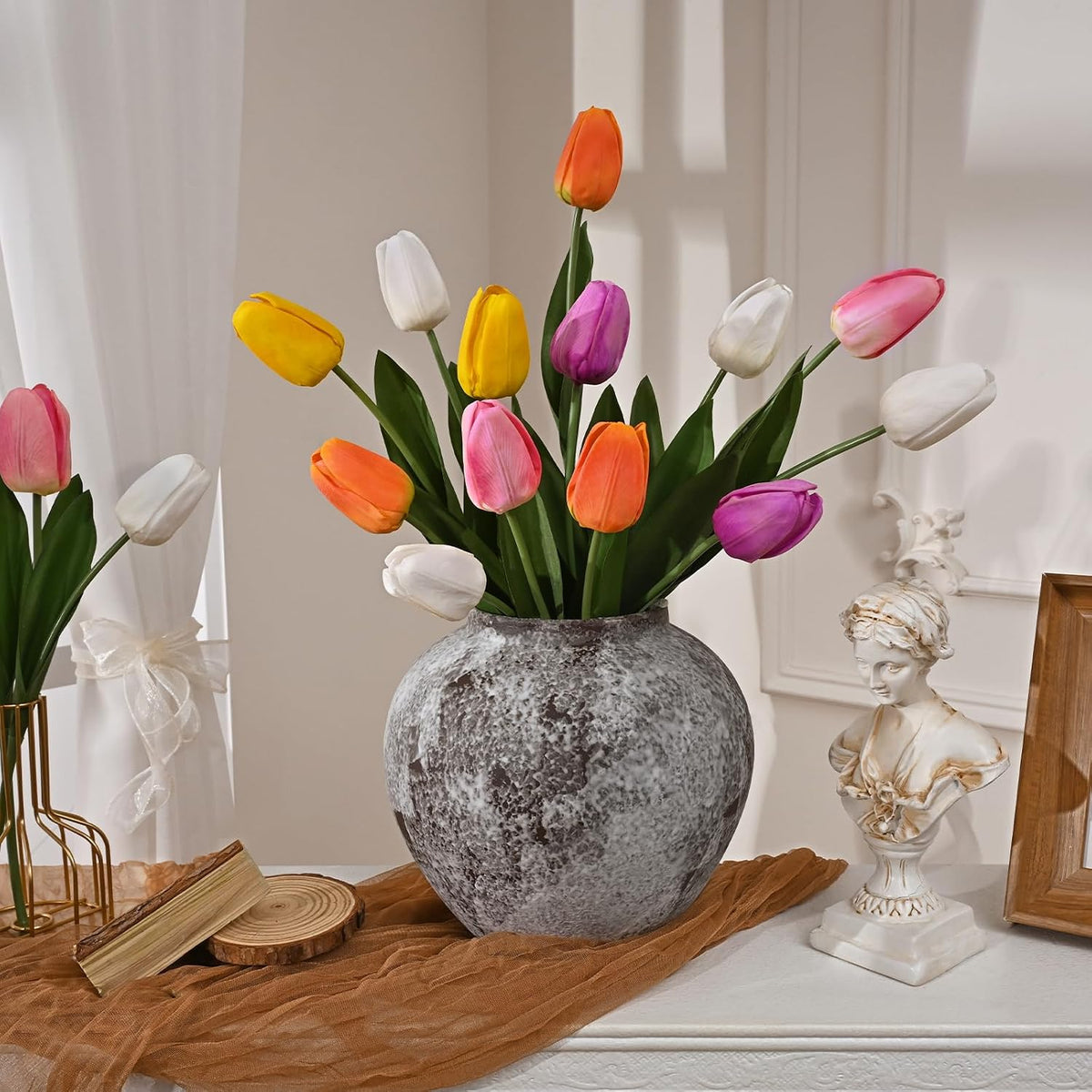 12-Pack White Tulips Artificial Flowers, Real Touch Latex Faux Tulips with Large Full Buds, Lifelike Vibrant Fake Tulips Bouquet for Spring Wedding Home Décor, Table & Party Centerpiece