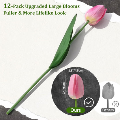 12-Pack White Tulips Artificial Flowers, Real Touch Latex Faux Tulips with Large Full Buds, Lifelike Vibrant Fake Tulips Bouquet for Spring Wedding Home Décor, Table & Party Centerpiece