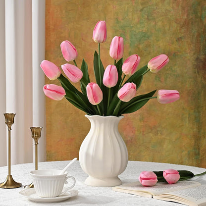 12-Pack White Tulips Artificial Flowers, Real Touch Latex Faux Tulips with Large Full Buds, Lifelike Vibrant Fake Tulips Bouquet for Spring Wedding Home Décor, Table & Party Centerpiece