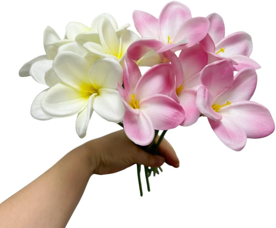 10 pcs White Artificial Plumeria Flowers with Stems,13inch Real Touch | Lifelike Frangipani Fake Flower Bouquet for Home Office Wedding Engagement Party Spring Flowers Decor,Vase Filler,Patio Decor