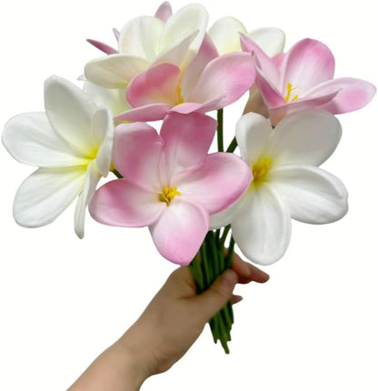 10 pcs White Artificial Plumeria Flowers with Stems,13inch Real Touch | Lifelike Frangipani Fake Flower Bouquet for Home Office Wedding Engagement Party Spring Flowers Decor,Vase Filler,Patio Decor