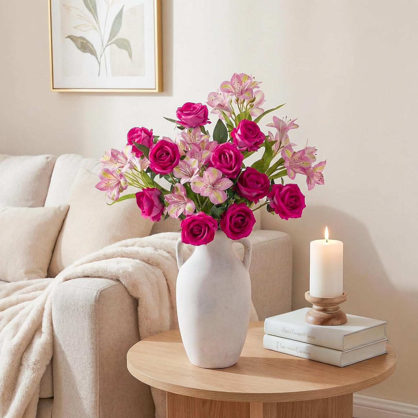Fake Flowers, 14 Pcs Fake Roses & Lilies Flowers Artificial Flowers Faux Flowers Silk Flowers Real Touch Faux Flowers for Vase Room Decor Gifts For Women Baby Shower Decorations Kitchen Decor