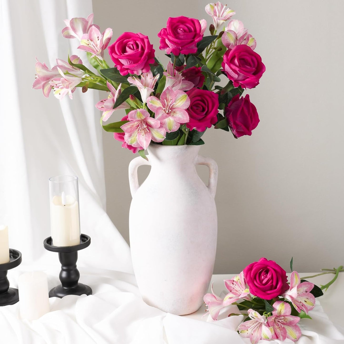 Fake Flowers, 14 Pcs Fake Roses & Lilies Flowers Artificial Flowers Faux Flowers Silk Flowers Real Touch Faux Flowers for Vase Room Decor Gifts For Women Baby Shower Decorations Kitchen Decor