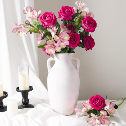 Fake Flowers, 14 Pcs Fake Roses & Lilies Flowers Artificial Flowers Faux Flowers Silk Flowers Real Touch Faux Flowers for Vase Room Decor Gifts For Women Baby Shower Decorations Kitchen Decor
