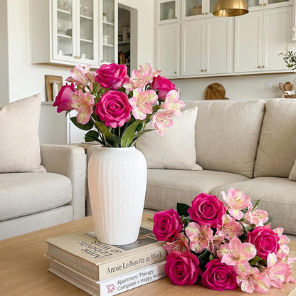 Fake Flowers, 14 Pcs Fake Roses & Lilies Flowers Artificial Flowers Faux Flowers Silk Flowers Real Touch Faux Flowers for Vase Room Decor Gifts For Women Baby Shower Decorations Kitchen Decor