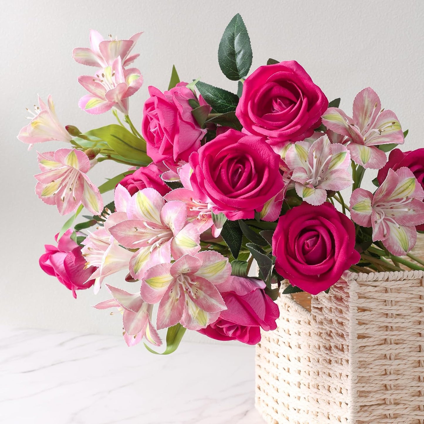Fake Flowers, 14 Pcs Fake Roses & Lilies Flowers Artificial Flowers Faux Flowers Silk Flowers Real Touch Faux Flowers for Vase Room Decor Gifts For Women Baby Shower Decorations Kitchen Decor