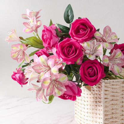 Fake Flowers, 14 Pcs Fake Roses & Lilies Flowers Artificial Flowers Faux Flowers Silk Flowers Real Touch Faux Flowers for Vase Room Decor Gifts For Women Baby Shower Decorations Kitchen Decor