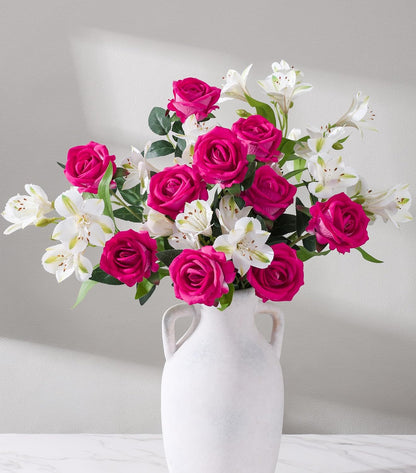 Fake Flowers, 14 Pcs Fake Roses & Lilies Flowers Artificial Flowers Faux Flowers Silk Flowers Real Touch Faux Flowers for Vase Room Decor Gifts For Women Baby Shower Decorations Kitchen Decor