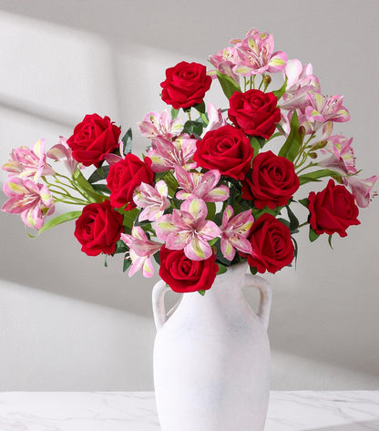 Fake Flowers, 14 Pcs Fake Roses & Lilies Flowers Artificial Flowers Faux Flowers Silk Flowers Real Touch Faux Flowers for Vase Room Decor Gifts For Women Baby Shower Decorations Kitchen Decor