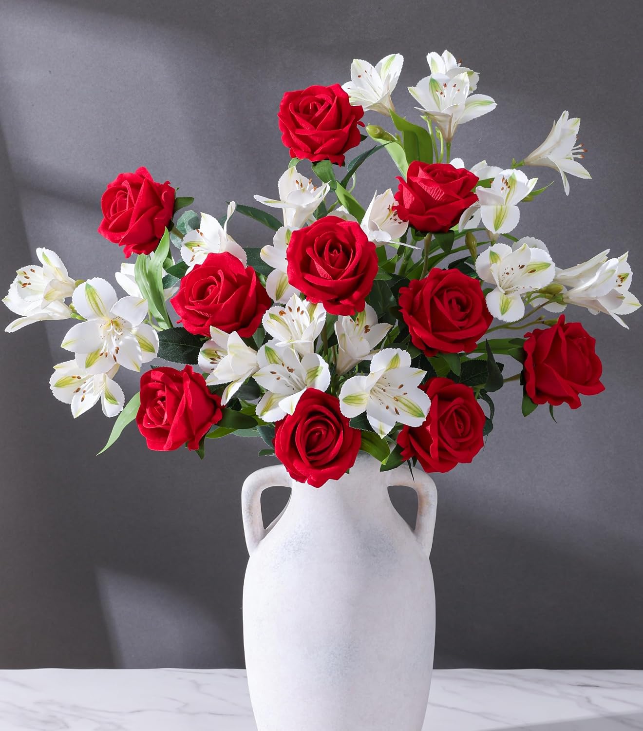 Fake Flowers, 14 Pcs Fake Roses & Lilies Flowers Artificial Flowers Faux Flowers Silk Flowers Real Touch Faux Flowers for Vase Room Decor Gifts For Women Baby Shower Decorations Kitchen Decor