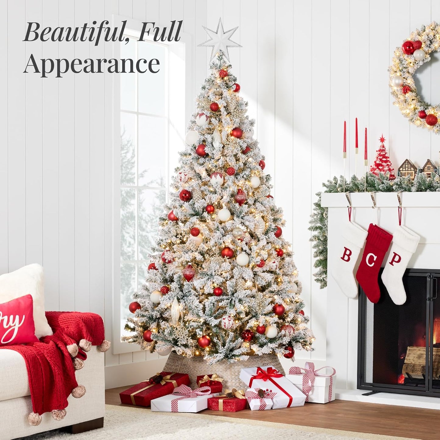 Pre-Lit Artificial Christmas Tree, 6ft Snow Flocked Design Pine Tree, Full Appearance Snowy w/Easy Assembly, Metal Stand