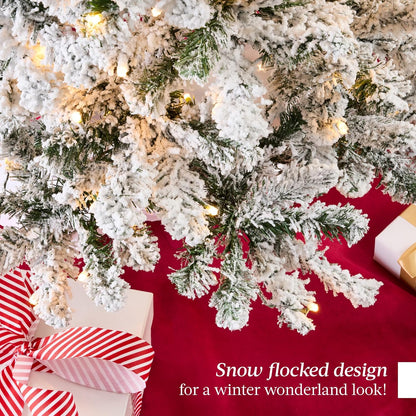 Pre-Lit Artificial Christmas Tree, 6ft Snow Flocked Design Pine Tree, Full Appearance Snowy w/Easy Assembly, Metal Stand