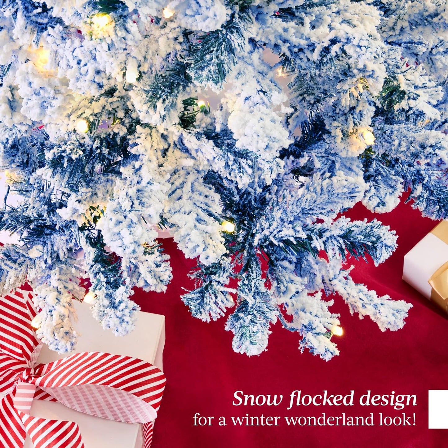 Pre-Lit Artificial Christmas Tree, 6ft Snow Flocked Design Pine Tree, Full Appearance Snowy w/Easy Assembly, Metal Stand