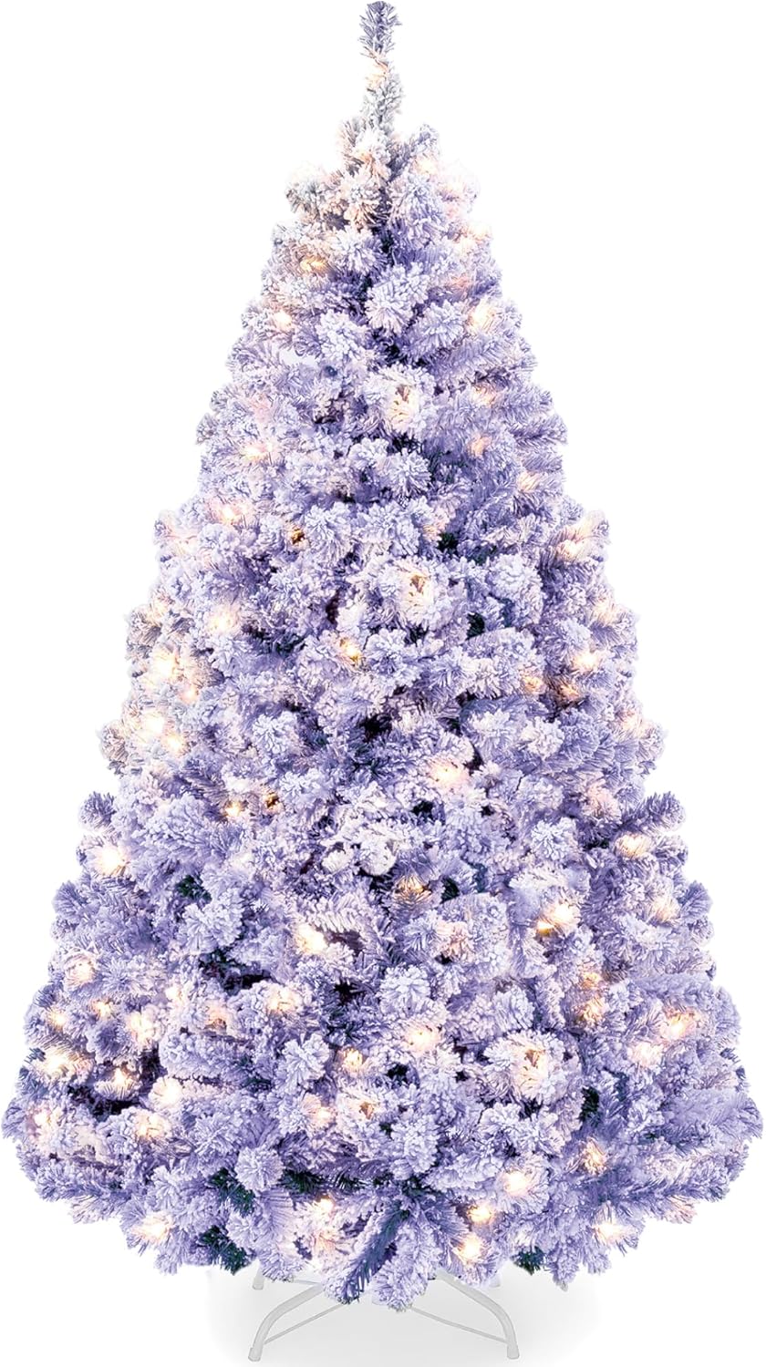 Pre-Lit Artificial Christmas Tree, 6ft Snow Flocked Design Pine Tree, Full Appearance Snowy w/Easy Assembly, Metal Stand