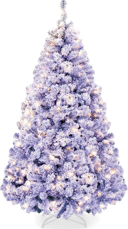 Pre-Lit Artificial Christmas Tree, 6ft Snow Flocked Design Pine Tree, Full Appearance Snowy w/Easy Assembly, Metal Stand