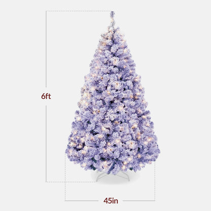 Pre-Lit Artificial Christmas Tree, 6ft Snow Flocked Design Pine Tree, Full Appearance Snowy w/Easy Assembly, Metal Stand