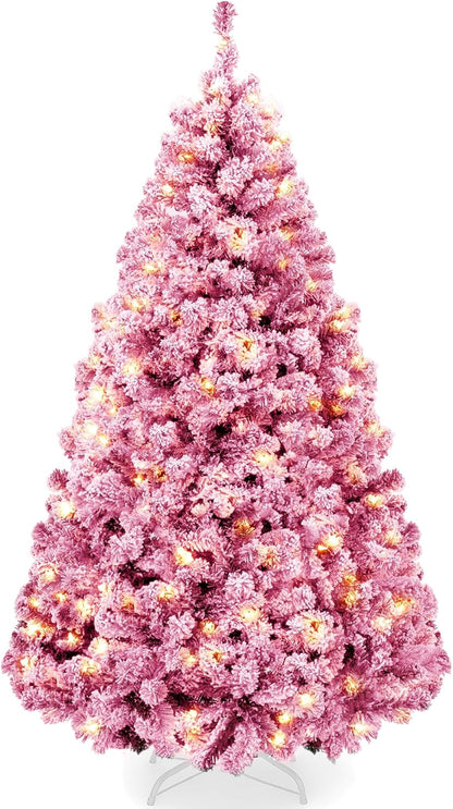 Pre-Lit Artificial Christmas Tree, 6ft Snow Flocked Design Pine Tree, Full Appearance Snowy w/Easy Assembly, Metal Stand