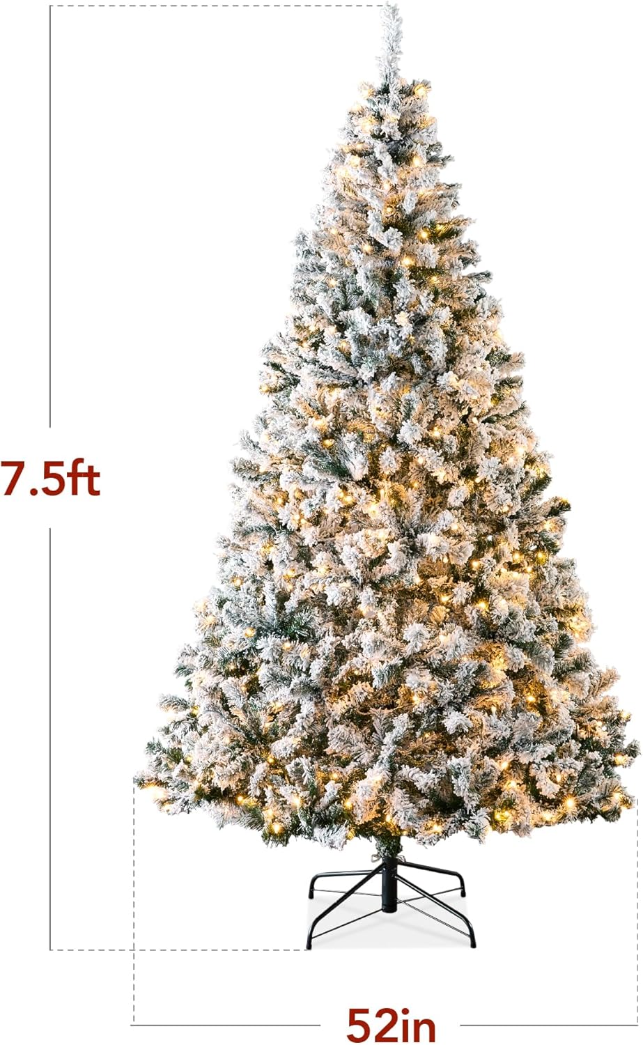Pre-Lit Artificial Christmas Tree, 6ft Snow Flocked Design Pine Tree, Full Appearance Snowy w/Easy Assembly, Metal Stand