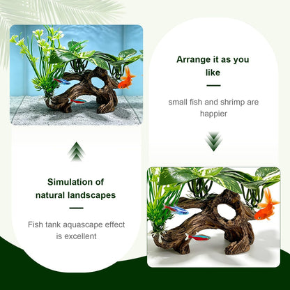Fish Tank Decor, Artificial Driftwood Cave Hideout with Silk Aquarium Plants – Realistic Betta Fish Tank Accessories Ornaments for Aquascaping