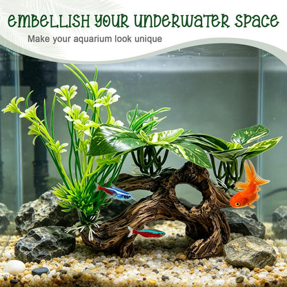Fish Tank Decor, Artificial Driftwood Cave Hideout with Silk Aquarium Plants – Realistic Betta Fish Tank Accessories Ornaments for Aquascaping