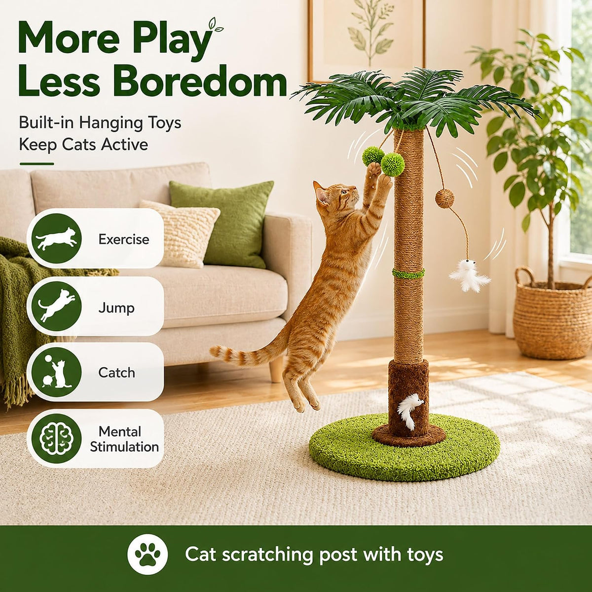 Cat Scratching Post, Sisal Scratcher with Toys for Indoor Cats