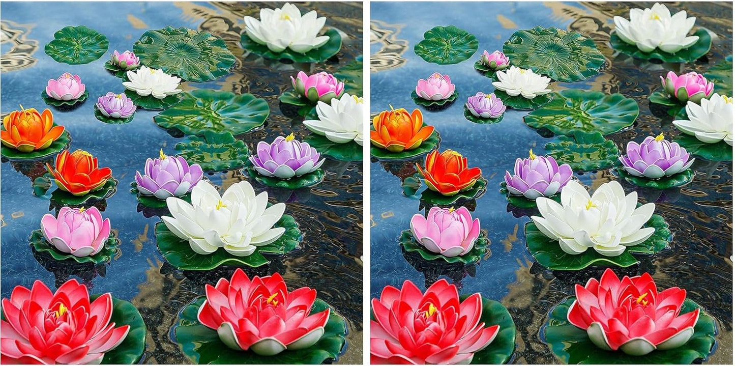 Artificial Lily Pads for Pond, 11in & 6in Artificial Flowers Floating Foam Lotus Flower with Fake Lily Pads, for Pool Garden Koi Fish Pond Aquarium Pool Wedding Decor, 14PCS