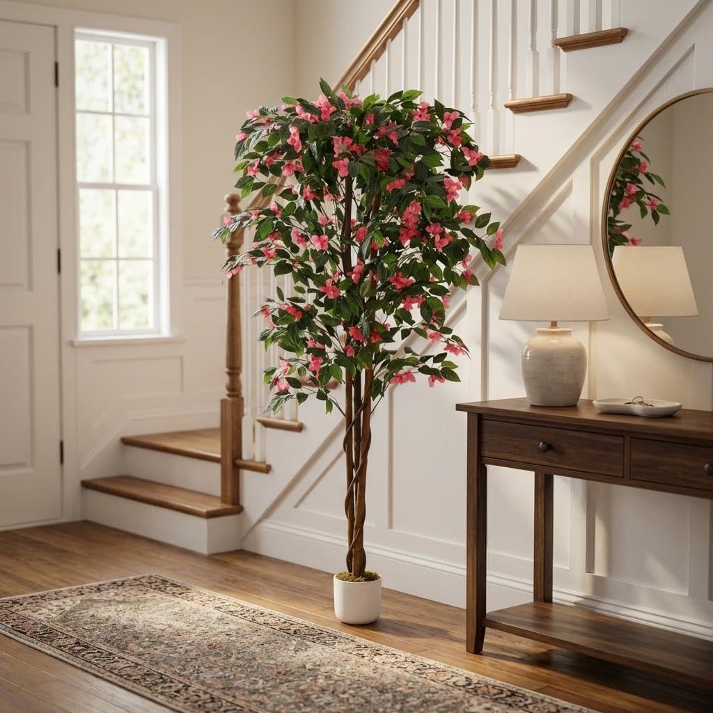 5.2FT Artificial Bougainvillea Tree in Pot, Premium Polyester Faux Plant, Tall Flowering Fake Tree for Indoor Outdoor Decor, Entryway, Apartment Balcony & Bedroom Aesthetic