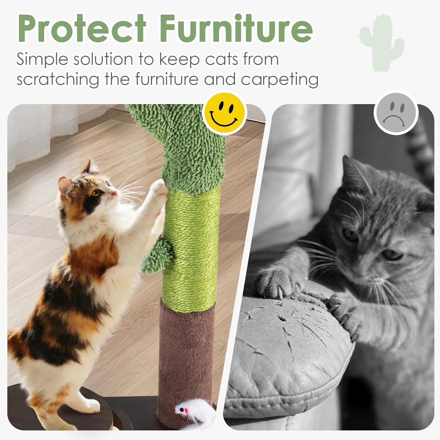 24" Cactus Cat Scratching Post, Natural Sisal Scratcher with Interactive Track Ball & Hanging Toys, Stable Anti-Tip Wooden Base Modern Cat Scratcher for Small & Medium Indoor Cats & Kittens