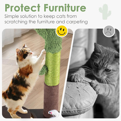 24" Cactus Cat Scratching Post, Natural Sisal Scratcher with Interactive Track Ball & Hanging Toys, Stable Anti-Tip Wooden Base Modern Cat Scratcher for Small & Medium Indoor Cats & Kittens