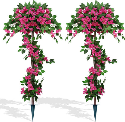 Grooy 2 Pack 4FT Artificial Bougainvillea Flower Topiary Ball for Outdoor | Fake Silk Flowers, Plants Bushes with Ground Spike, Faux UV Resistant, Low-Maintenance, Front Porch Patio Balcony Decor