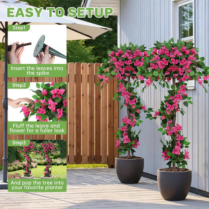 Grooy 2 Pack 4FT Artificial Bougainvillea Flower Topiary Ball for Outdoor | Fake Silk Flowers, Plants Bushes with Ground Spike, Faux UV Resistant, Low-Maintenance, Front Porch Patio Balcony Decor