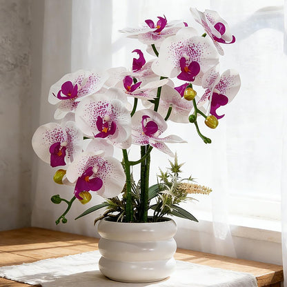 Artificial Orchids Flowers with Vase for Table Centerpieces, Real Touch Faux White Orchid Phalaenopsis in Ceramic Vase for Home Wedding Kitchen Decoration (White, Purple)