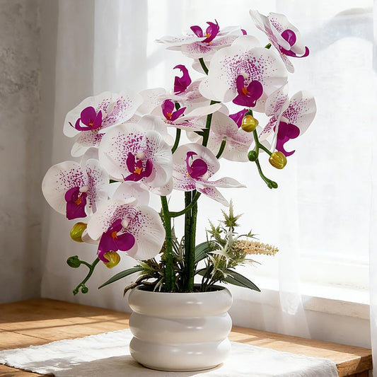 Artificial Orchids Flowers with Vase for Table Centerpieces, Real Touch Faux White Orchid Phalaenopsis in Ceramic Vase for Home Wedding Kitchen Decoration (White, Purple)