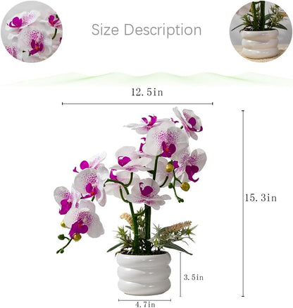 Artificial Orchids Flowers with Vase for Table Centerpieces, Real Touch Faux White Orchid Phalaenopsis in Ceramic Vase for Home Wedding Kitchen Decoration (White, Purple)
