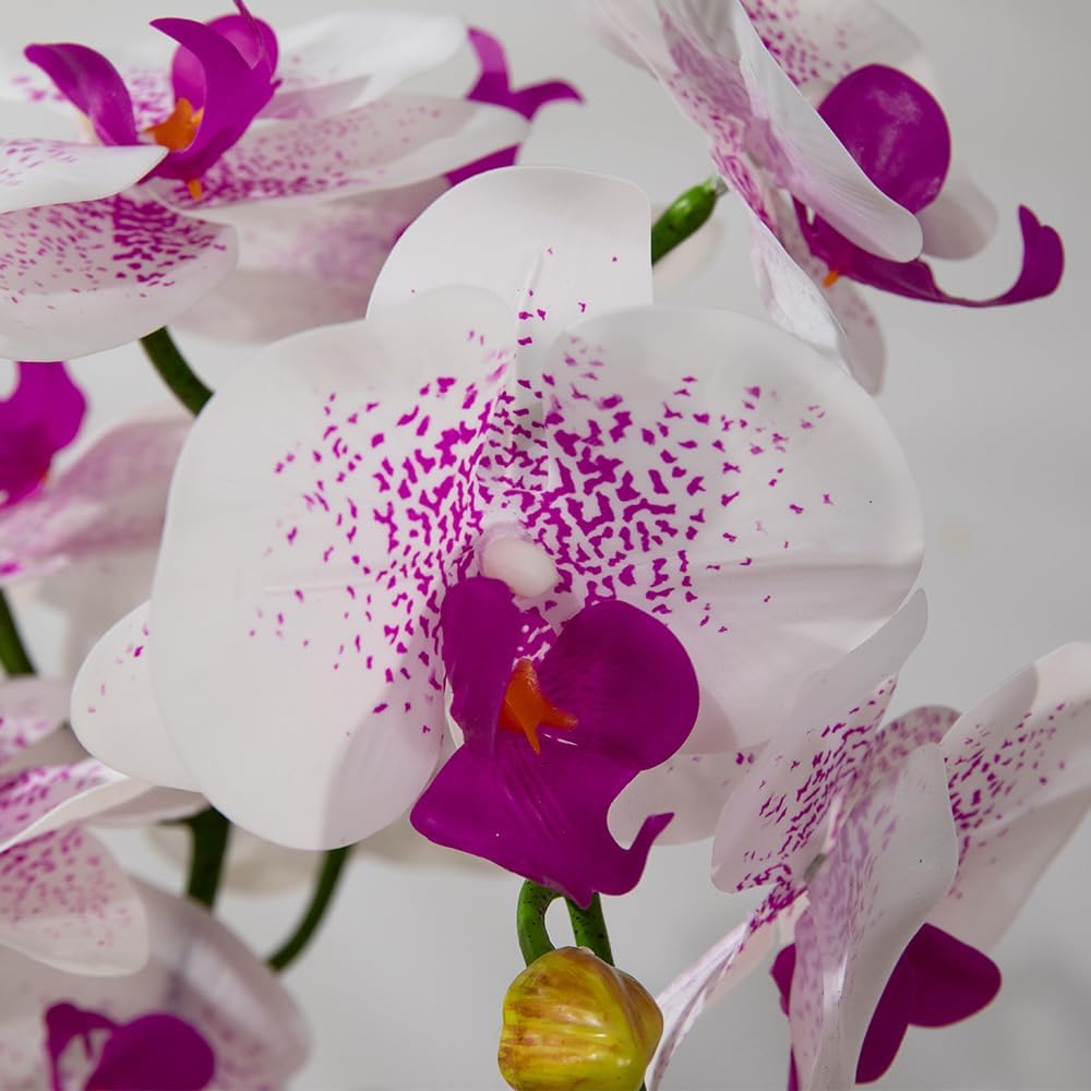 Artificial Orchids Flowers with Vase for Table Centerpieces, Real Touch Faux White Orchid Phalaenopsis in Ceramic Vase for Home Wedding Kitchen Decoration (White, Purple)