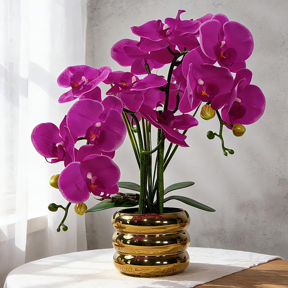 Artificial Orchids Flowers with Vase for Table Centerpieces, Real Touch Faux White Orchid Phalaenopsis in Ceramic Vase for Home Wedding Kitchen Decoration (White, Purple)