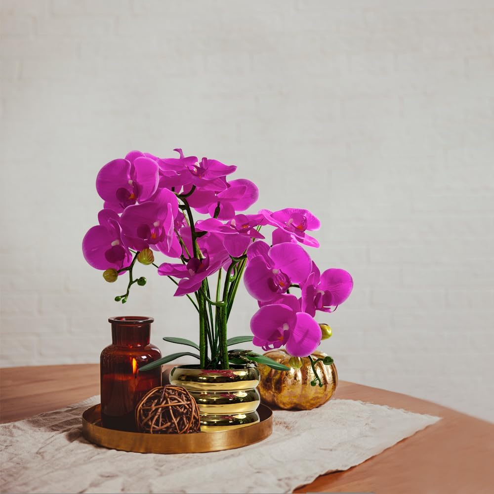 Artificial Orchids Flowers with Vase for Table Centerpieces, Real Touch Faux White Orchid Phalaenopsis in Ceramic Vase for Home Wedding Kitchen Decoration (White, Purple)