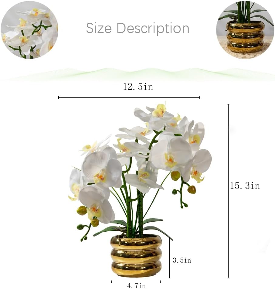 Artificial Orchids Flowers with Vase for Table Centerpieces, Real Touch Faux White Orchid Phalaenopsis in Ceramic Vase for Home Wedding Kitchen Decoration (White, Purple)