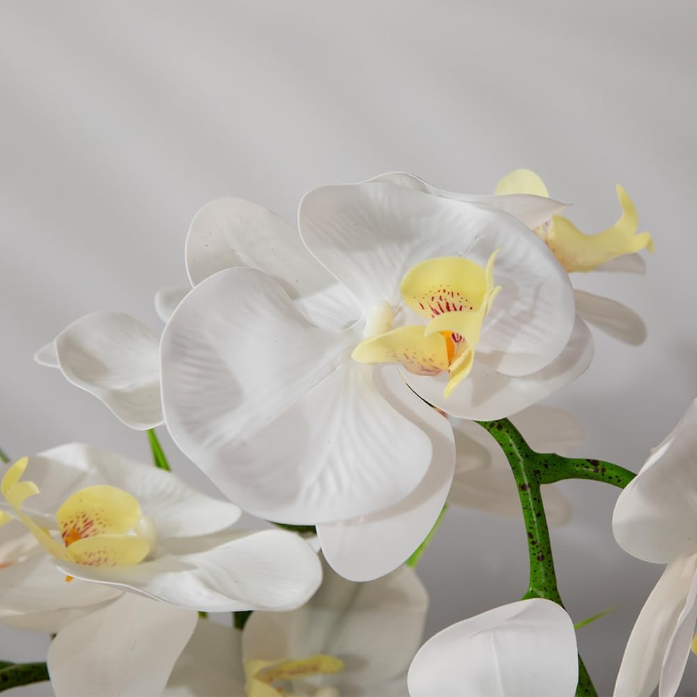 Artificial Orchids Flowers with Vase for Table Centerpieces, Real Touch Faux White Orchid Phalaenopsis in Ceramic Vase for Home Wedding Kitchen Decoration (White, Purple)