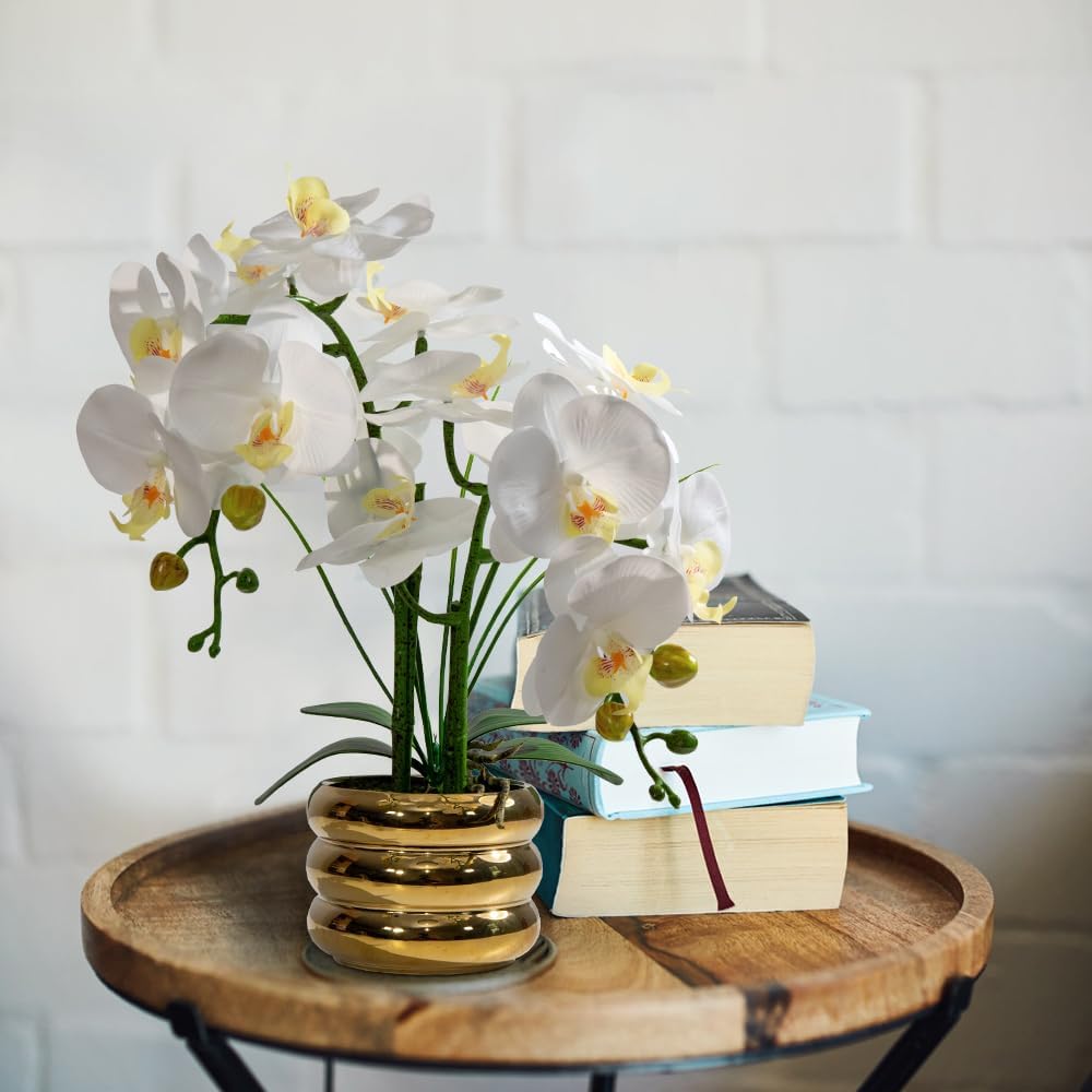 Artificial Orchids Flowers with Vase for Table Centerpieces, Real Touch Faux White Orchid Phalaenopsis in Ceramic Vase for Home Wedding Kitchen Decoration (White, Purple)