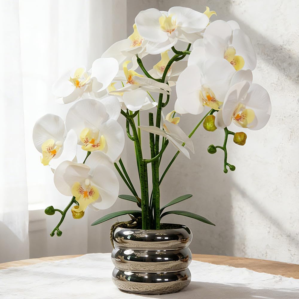 Artificial Orchids Flowers with Vase for Table Centerpieces, Real Touch Faux White Orchid Phalaenopsis in Ceramic Vase for Home Wedding Kitchen Decoration (White, Purple)